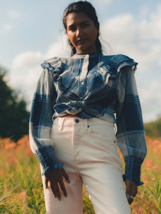 FRNCH Tops - FRNCH Paris Camassia Plaid Woven Ruffle Button Up Shirt Blue Pearl